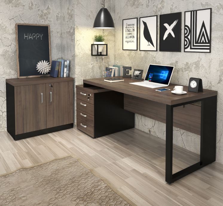 Mesa diretor dinâmica pé quadro com gaveteiro pedestal (04 gav) + armário baixo 